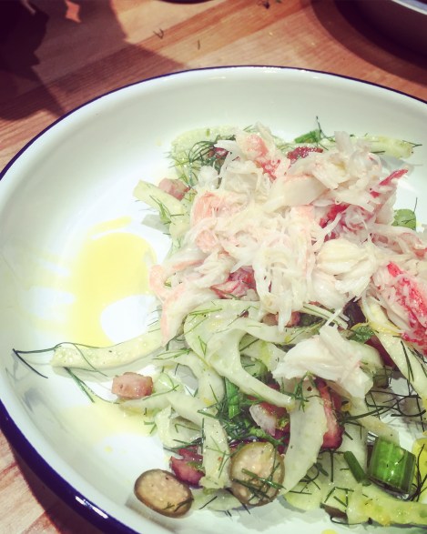 Salade de crabe frais, fenouil, lardons, zestes de citron et câprons - à refaire, encore et encore!